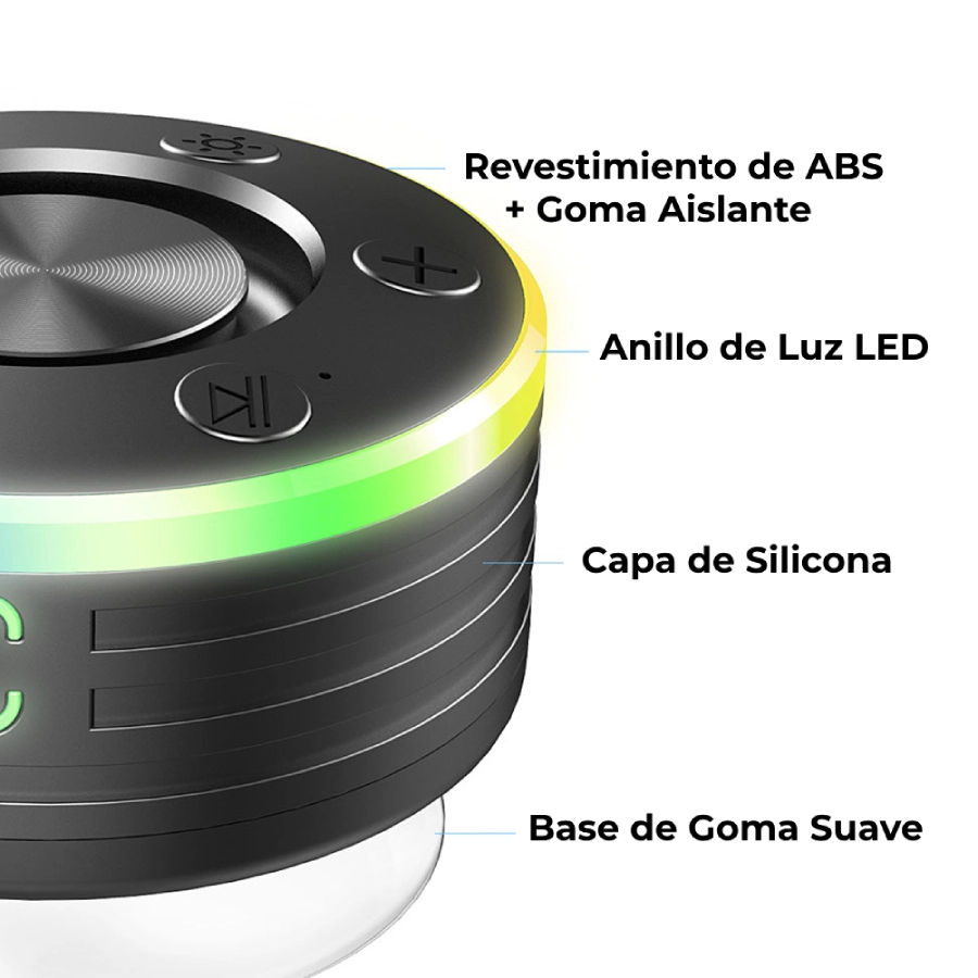 altavoz bluetooth ducha luces rgb radio fm ventosa resistente al agua